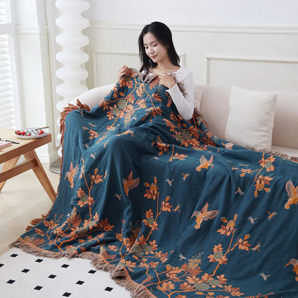 Layered Cotton Gauze Throw Blanket with Tassels – Jacquard Textured Woven Coverlet for Bed Couch Sofa Living Room Bedroom Decor | Thomler