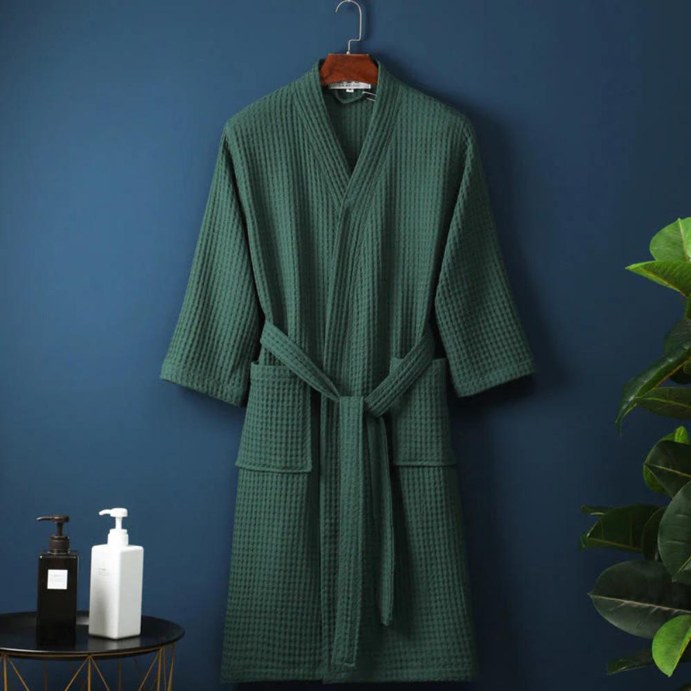 Cotton Waffle Robe V-Neck Lightweight Spa Bathrobe for Women & Men with Pockets Absorbent Loungewear for Bedroom Bathroom Shower | Thomler
