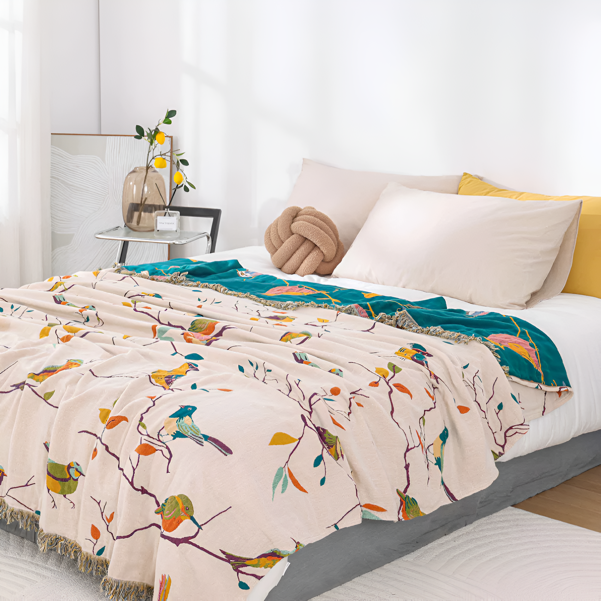 Woven Cotton Throw Blanket with Fringe Tassels & Avian Motif – Breathable, Lightweight Bed or Couch Cover for Boho Living Room, Guest | Thomler