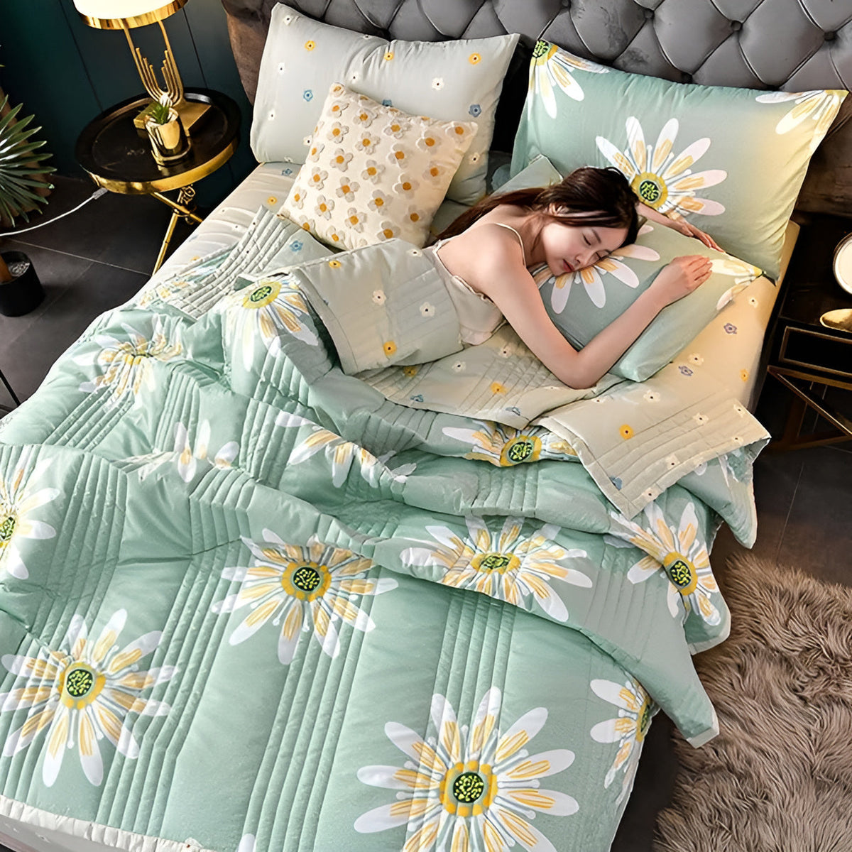 Reversible Floral Print Throw Blanket Soft Sherpa Fleece All-Season Bed Couch Cover Daisy Pattern Green Yellow | Thomler