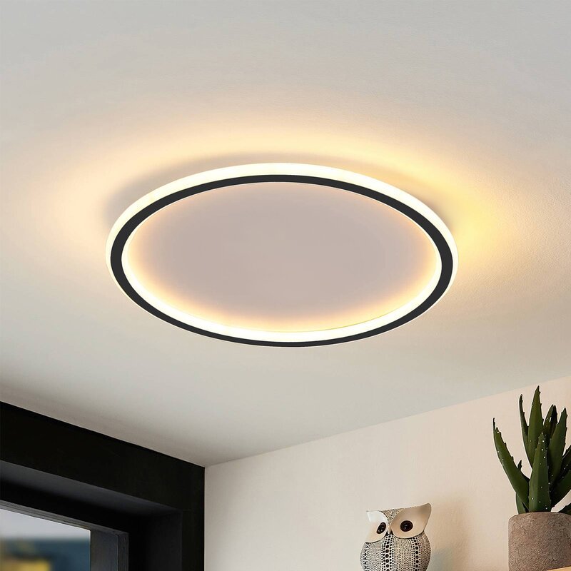Dimmable Round LED Flush Mount Ceiling Light for Bedroom Living Room | Black White Metal Acrylic | Indoor Hardwired 12-20 Inch Fixture | Thomler