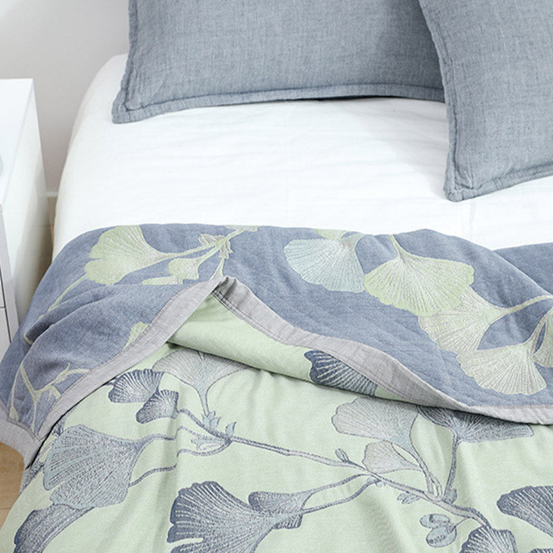 Reversible Cotton Gauze Quilt with Ginkgo Leaf Pattern – Lightweight Jacquard Bedspread for Summer & Air Conditioning – Eco-Friendly | Thomler