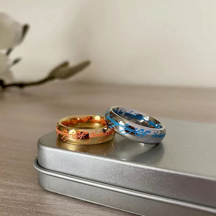 Glow-in-the-Dark Ring with Elvish Script Engraving – Self-Charging Luminous Fantasy Band for Men & Women | Thomler