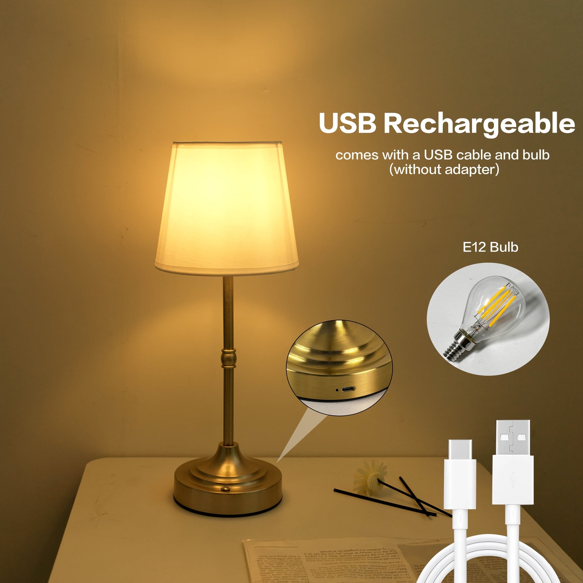Touch-Dimming Portable Table Lamp with Rechargeable Battery for Bedroom Nightstand Living Room Desk | USB Powered Metal Accent Light | Thomler