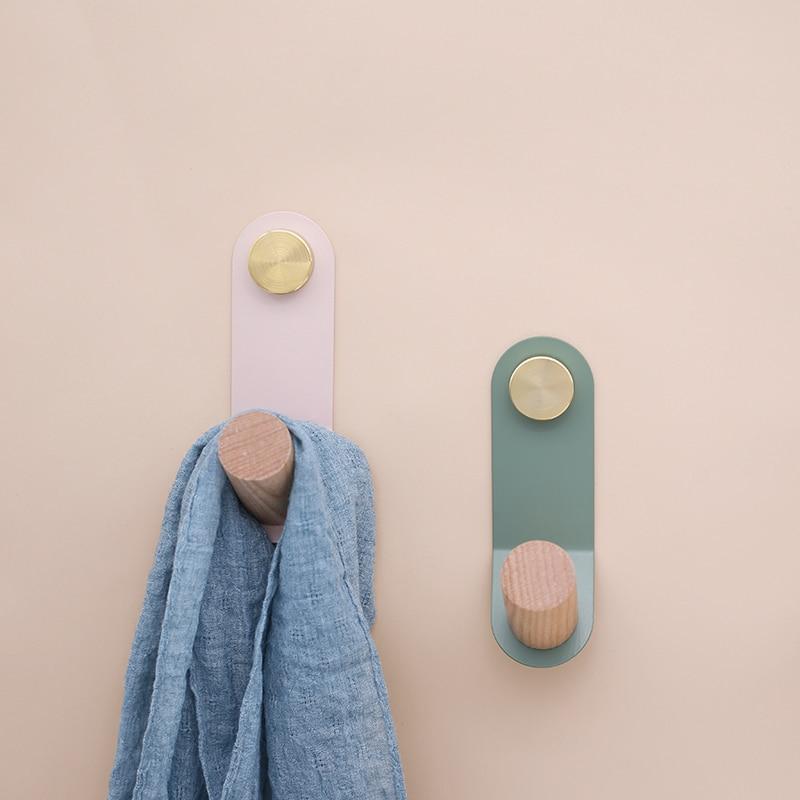 Minimalist Pastel Wall Hook Oak Wood Brass Accent Scandinavian Home Storage | Thomler