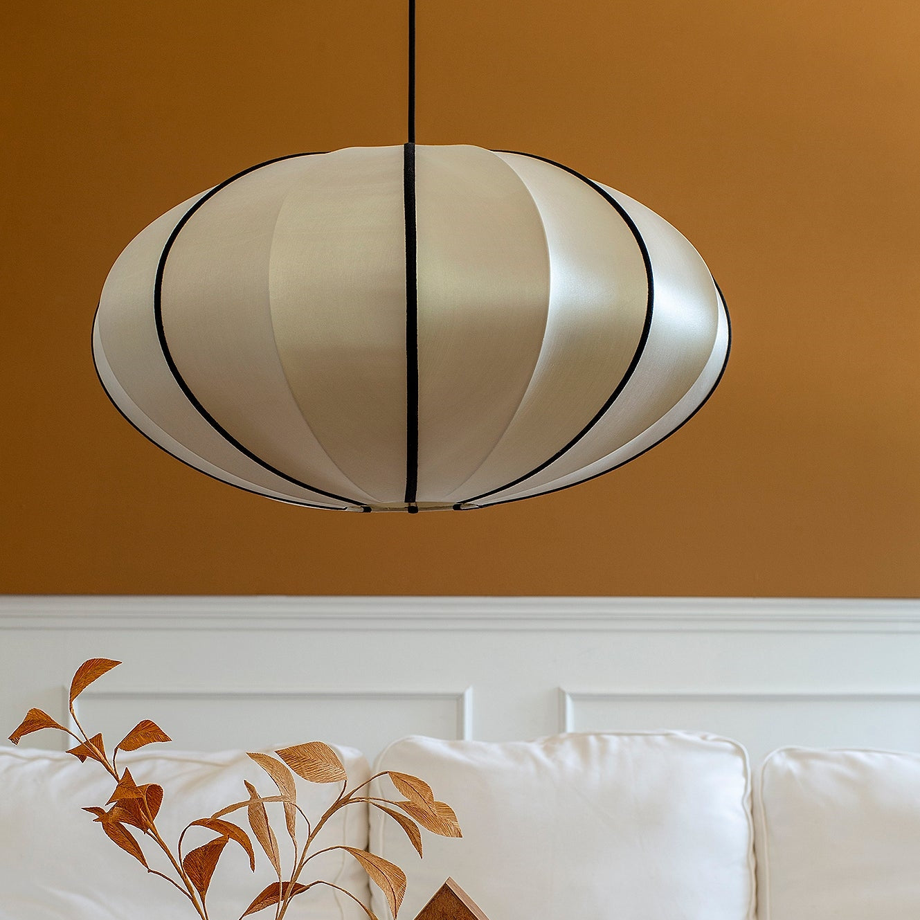Pendant Light Silk 15.7 in Pumpkin Shade White Dining Room Bedroom Hanging Ceiling Lamp E27 Soft Ambient Lighting Adjustable Cord | Thomler