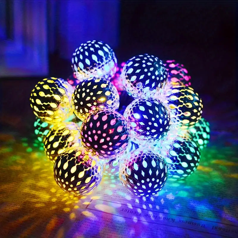 Moroccan Metal Globe String Lights Solar Powered Outdoor Patio Decor 20-30 Warm White LED Orbs Bohemian Weatherproof Garden Balcony | Thomler