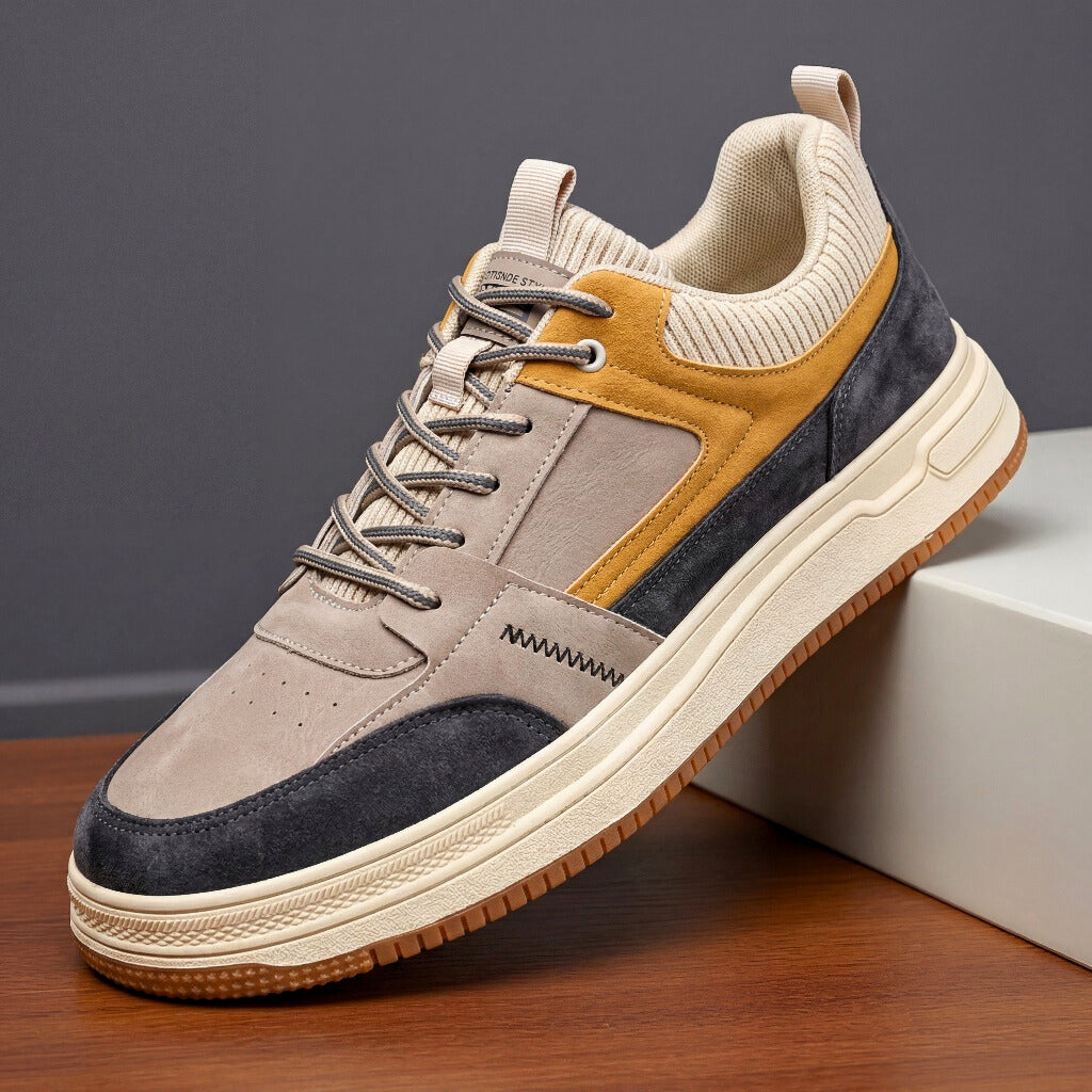 Men's Leather Low-Top Sneakers with Knit Accent Panels & Cushioned Insole | Thomler