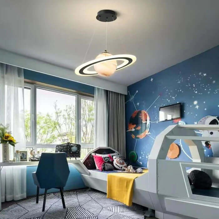 Space Planet LED Pendant Light for Kids Room – Glowing Saturn & Earth Ceiling Lamp with Astronaut Option | Thomler