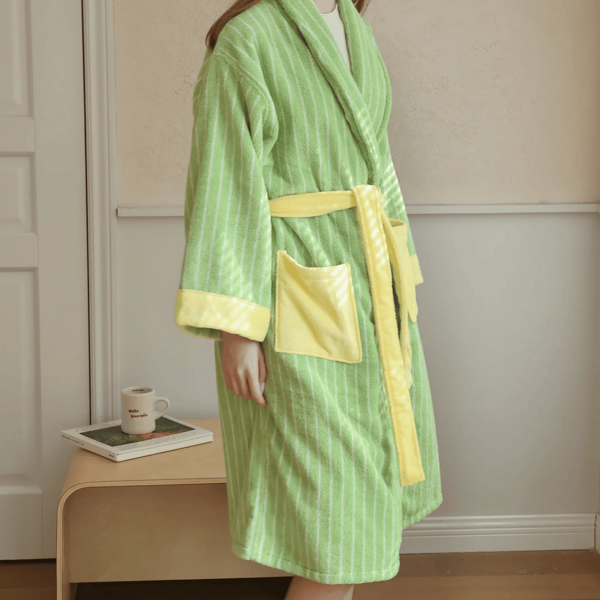 Organic Cotton Striped Terry Robe for Women – Soft Jacquard Loungewear Bathrobe with Coordinated Two-Tone Colors for Everyday Comfort | Thomler