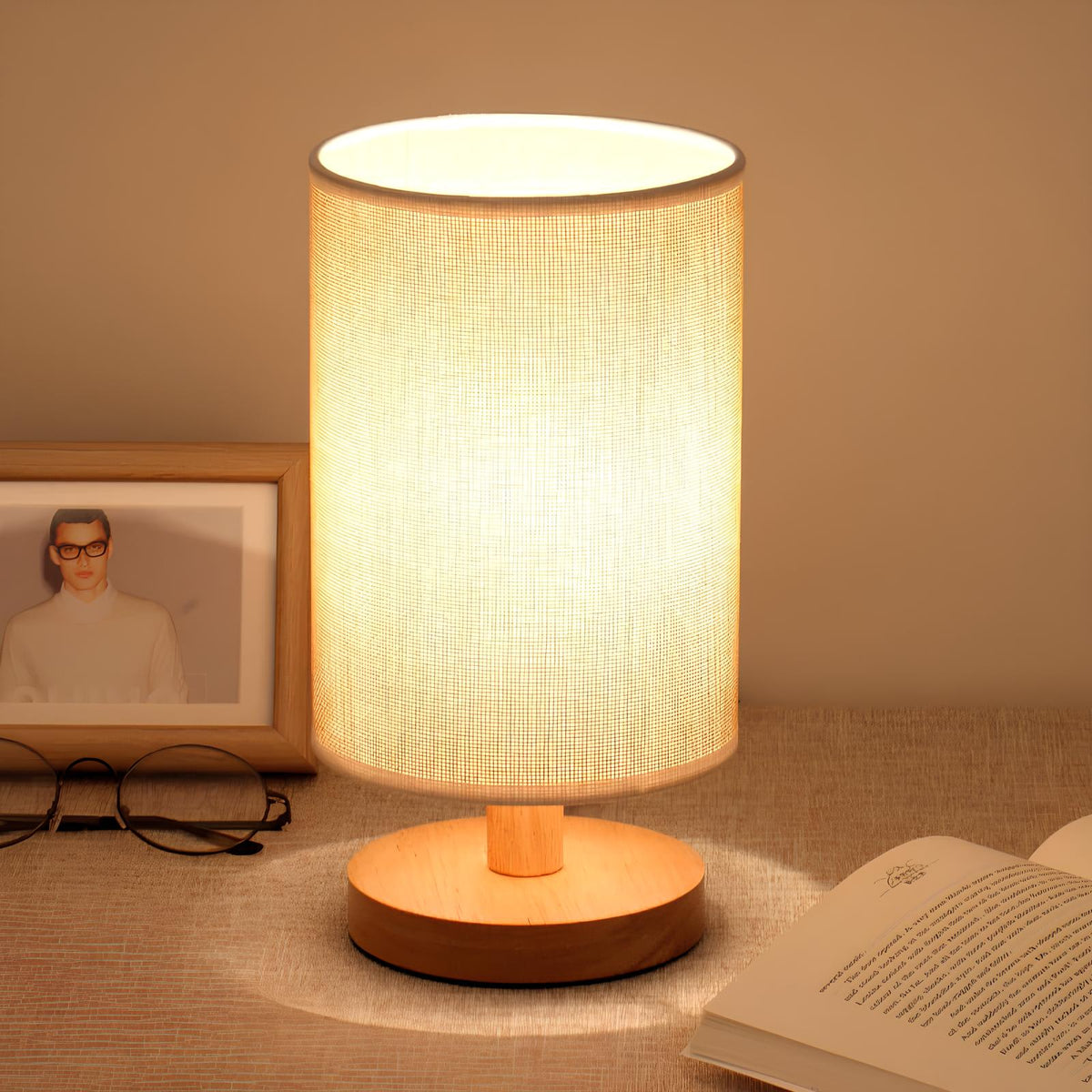 Natural Wood & Linen Table Lamp with Remote Control – Dimmable LED Touch Lamp for Bedroom, Nightstand, Desk – Minimalist Scandinavian | Thomler
