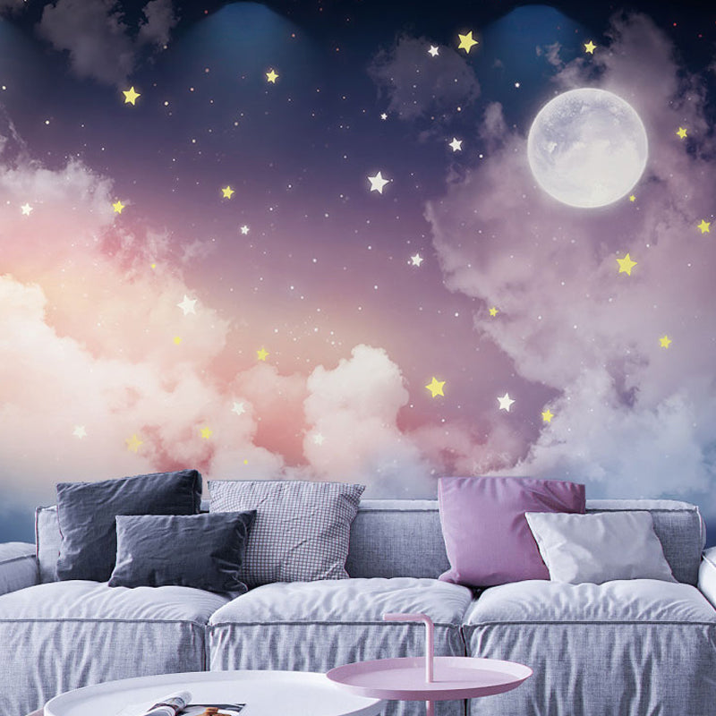 Large Celestial Wall Mural Pink Purple Moon Star Illustration Non-Woven Wallpaper Modern Bedroom Decor Horizontal Stain-Resistant | Thomler