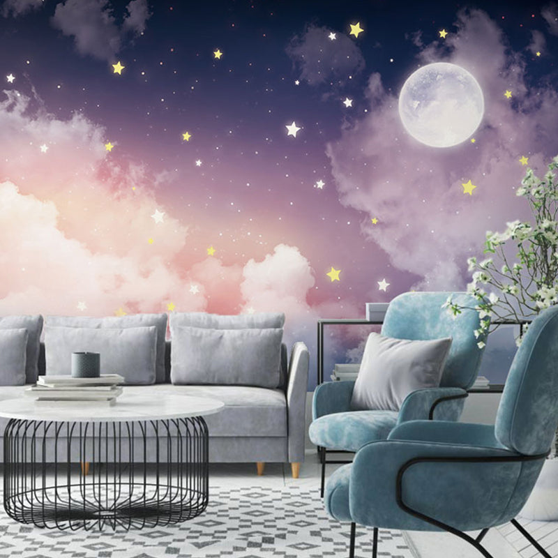 Large Celestial Wall Mural Pink Purple Moon Star Illustration Non-Woven Wallpaper Modern Bedroom Decor Horizontal Stain-Resistant | Thomler