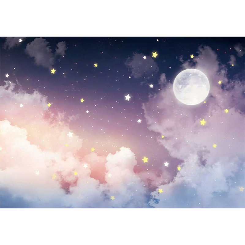 Large Celestial Wall Mural Pink Purple Moon Star Illustration Non-Woven Wallpaper Modern Bedroom Decor Horizontal Stain-Resistant | Thomler