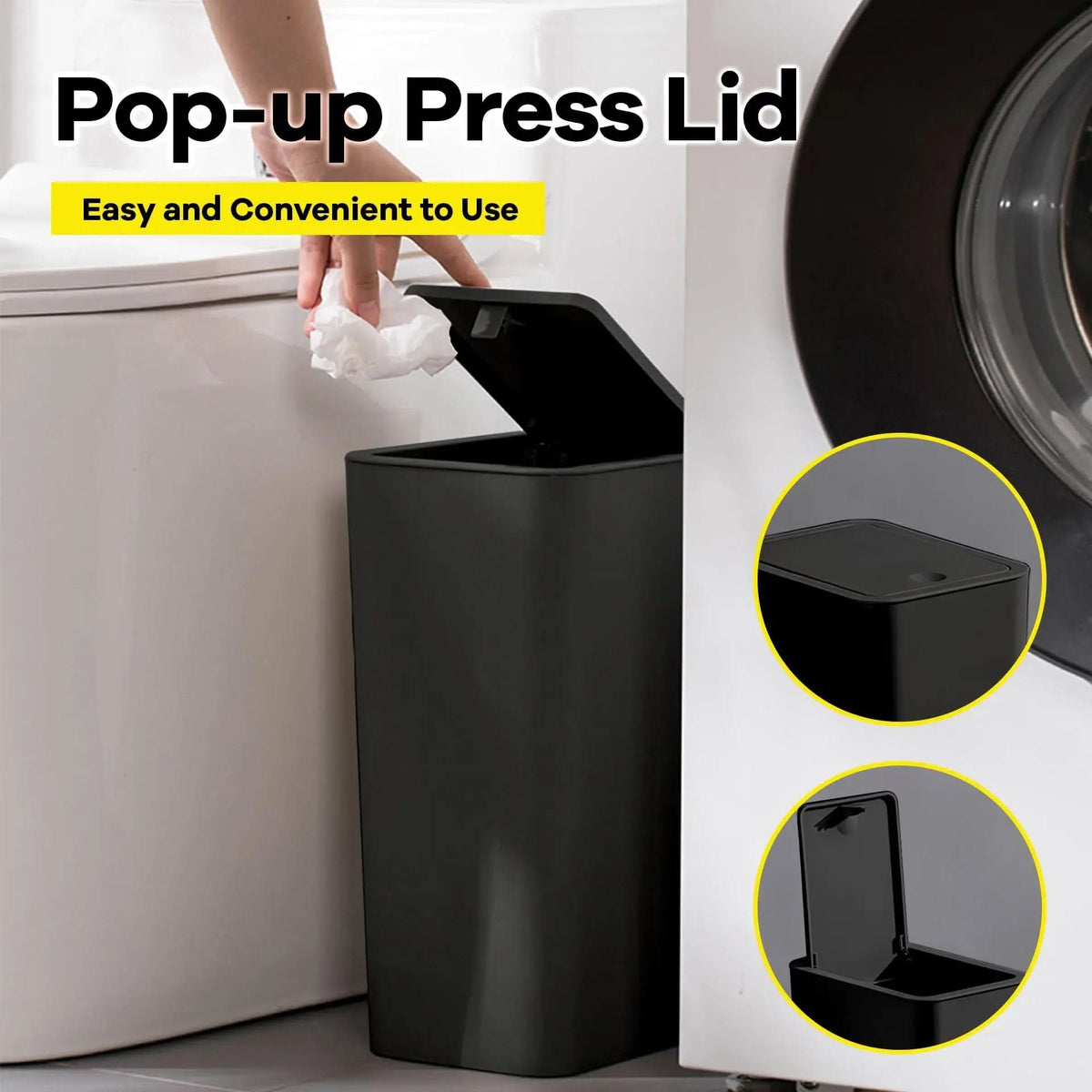 Touch-Open Waste Basket 2.6 Gal Narrow Bin for Bathrooms, Bedrooms & Home Offices | Space-Saving Design | Thomler