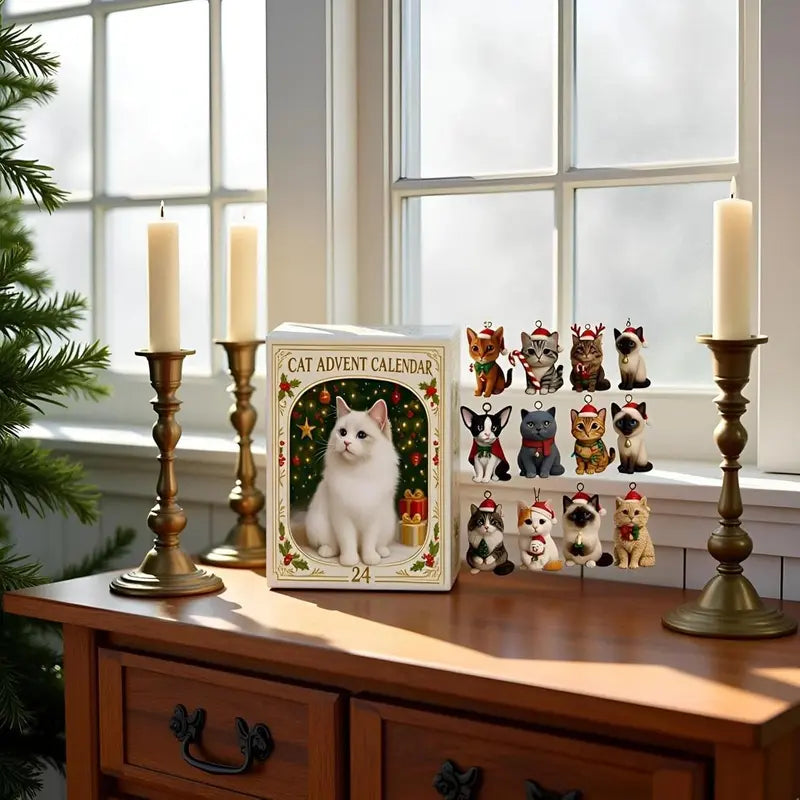 Holiday Countdown Calendar with 24 Festive Feline Ornaments – Acrylic Cat Figurines for Christmas Decoration, Tree Hanging Decor, Mantel | Thomler