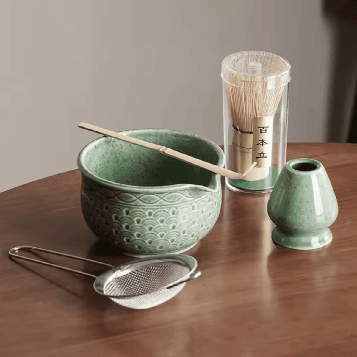Handcrafted Ceramic Matcha Preparation Kit with Bamboo Whisk & Serving Tray for Traditional Tea Ceremony at Home, Office & Studio | Thomler