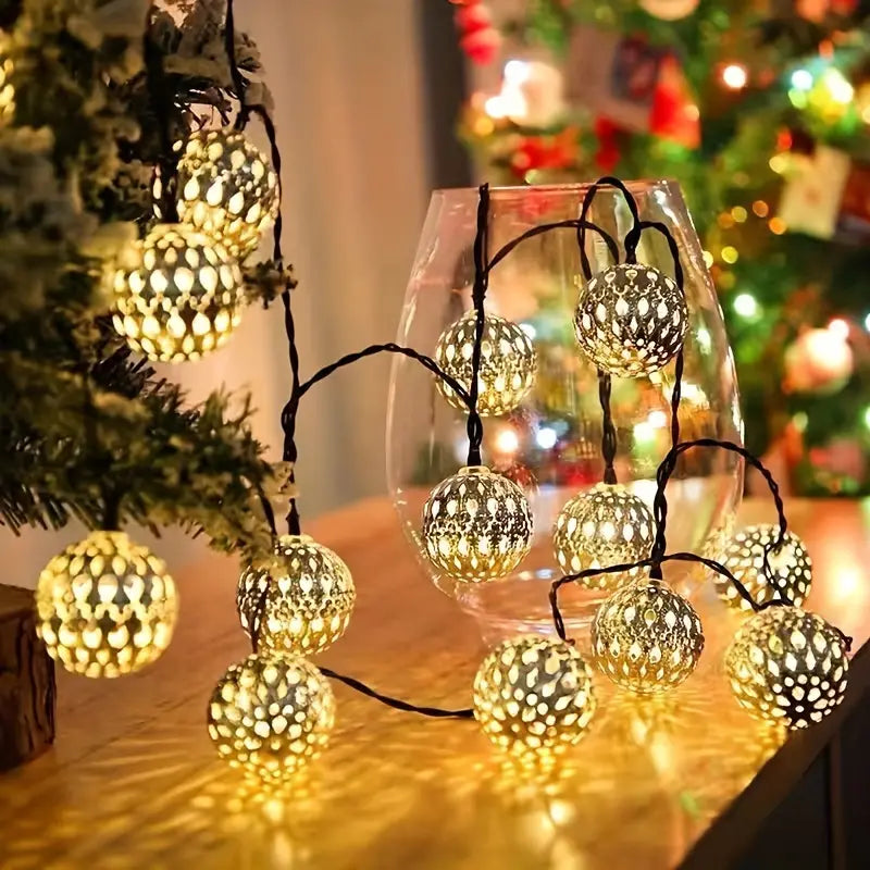 Moroccan Metal Globe String Lights Solar Powered Outdoor Patio Decor 20-30 Warm White LED Orbs Bohemian Weatherproof Garden Balcony | Thomler