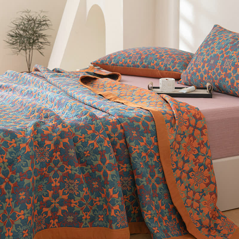 Six-Layer Cotton Quilt Reversible Lightweight Blanket Orange Blue Geometric Pattern for Year-Round Comfort Bedroom Guest Room | Thomler