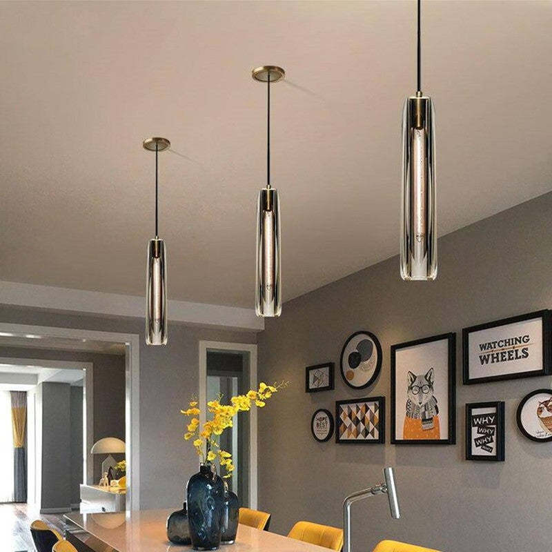 Pendant Light Glass Cylinder 15 in Adjustable Hanging Bedroom Dining Room Ceiling Fixture Modern Minimalist Lighting | Thomler