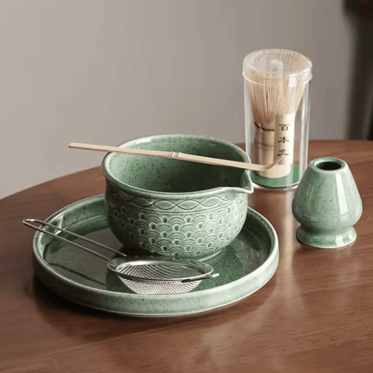 Handcrafted Ceramic Matcha Preparation Kit with Bamboo Whisk & Serving Tray for Traditional Tea Ceremony at Home, Office & Studio | Thomler
