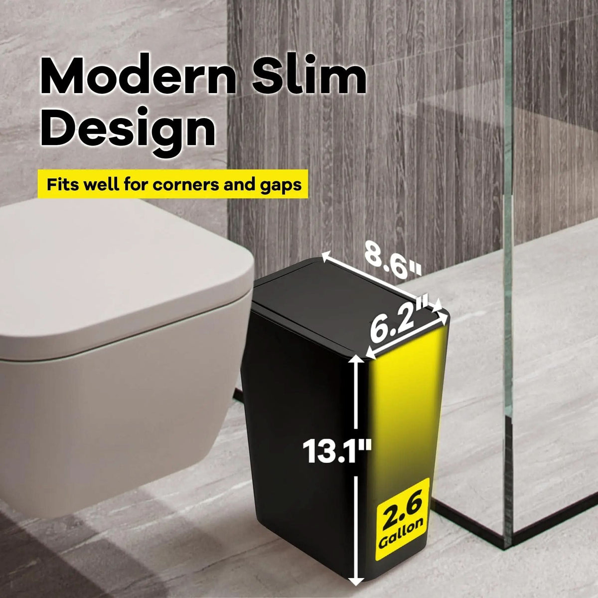 Touch-Open Waste Basket 2.6 Gal Narrow Bin for Bathrooms, Bedrooms & Home Offices | Space-Saving Design | Thomler