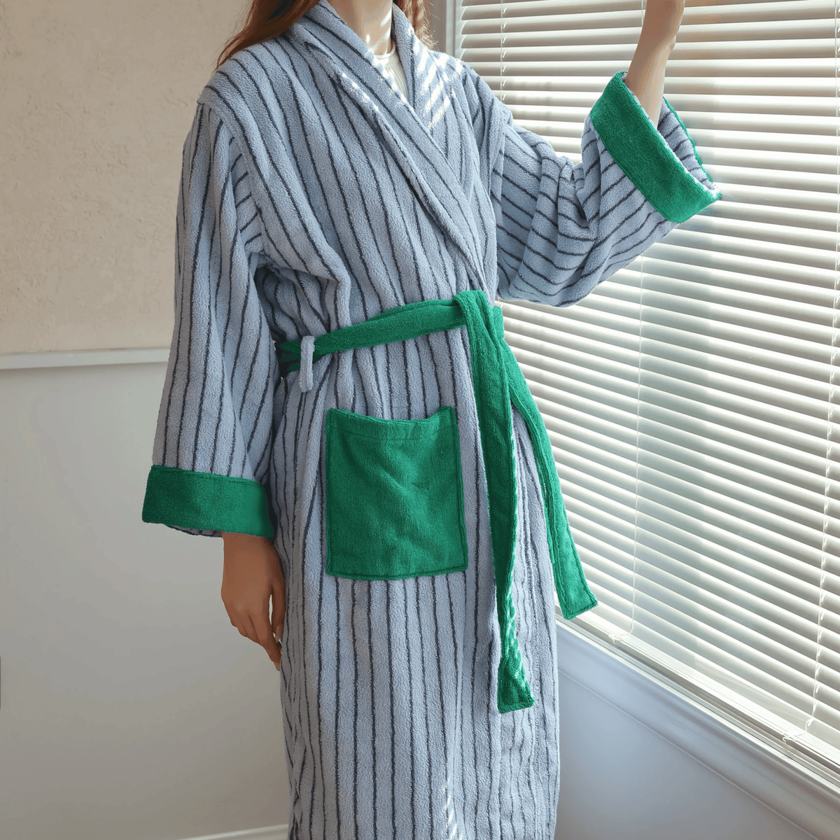 Organic Cotton Striped Terry Robe for Women – Soft Jacquard Loungewear Bathrobe with Coordinated Two-Tone Colors for Everyday Comfort | Thomler