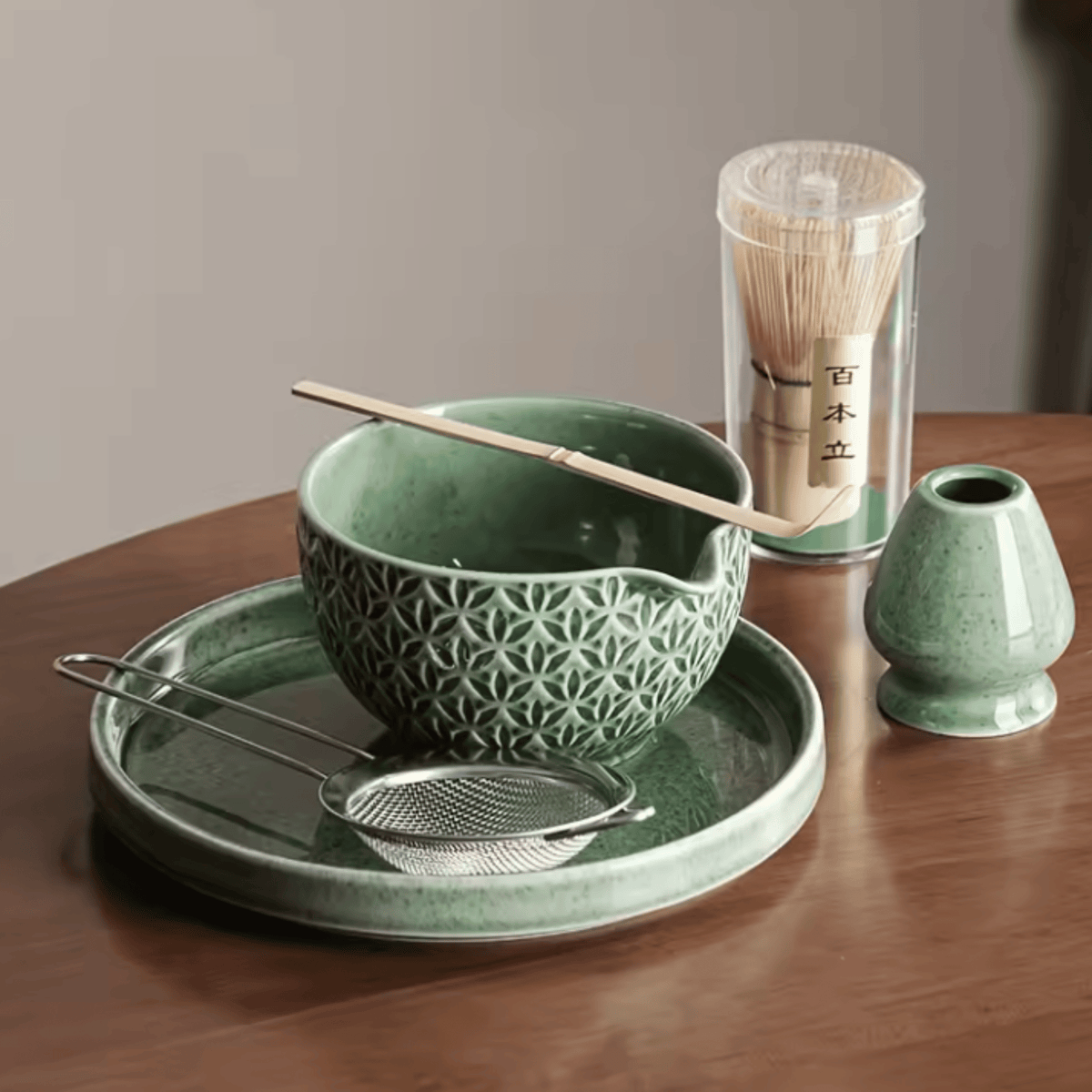 Handcrafted Ceramic Matcha Preparation Kit with Bamboo Whisk & Serving Tray for Traditional Tea Ceremony at Home, Office & Studio | Thomler