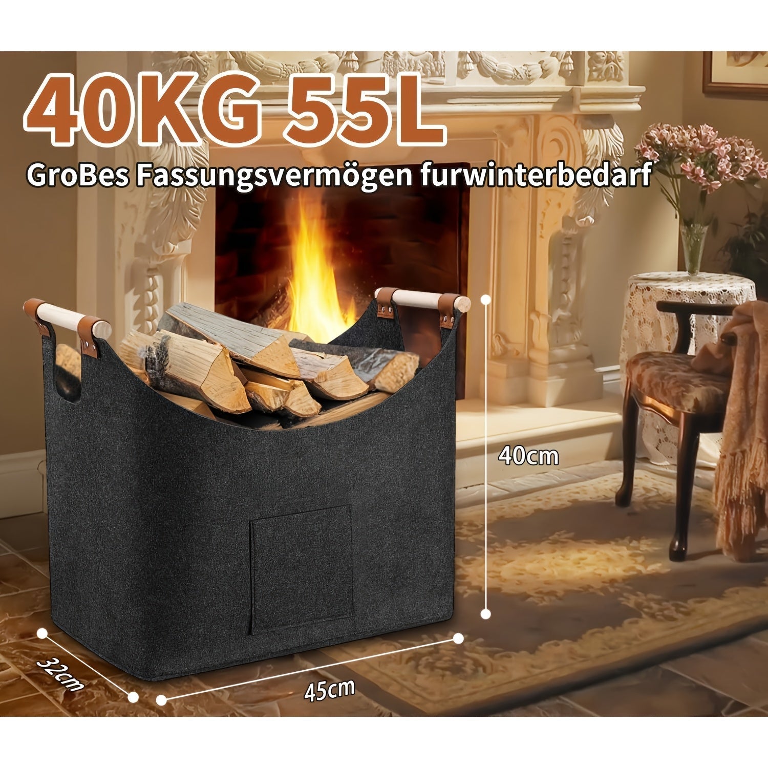 Collapsible Firewood Basket with Wooden Handles – 14.5 Gallon Felt Log Carrier for Living Room & Fireplace – Dark Gray Storage Bin | Thomler