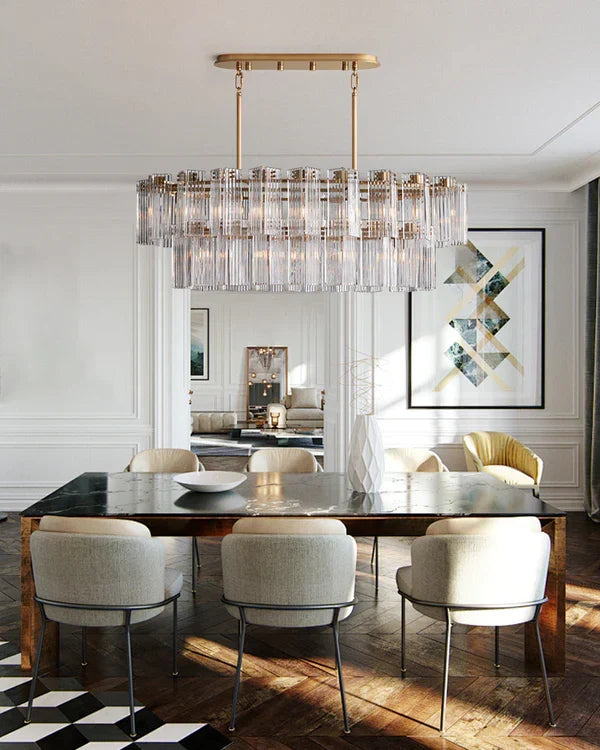 Oval Glass Panel Chandelier with Metal Frame 4-17 Lights Adjustable Height for Dining Room & Entryway | Thomler