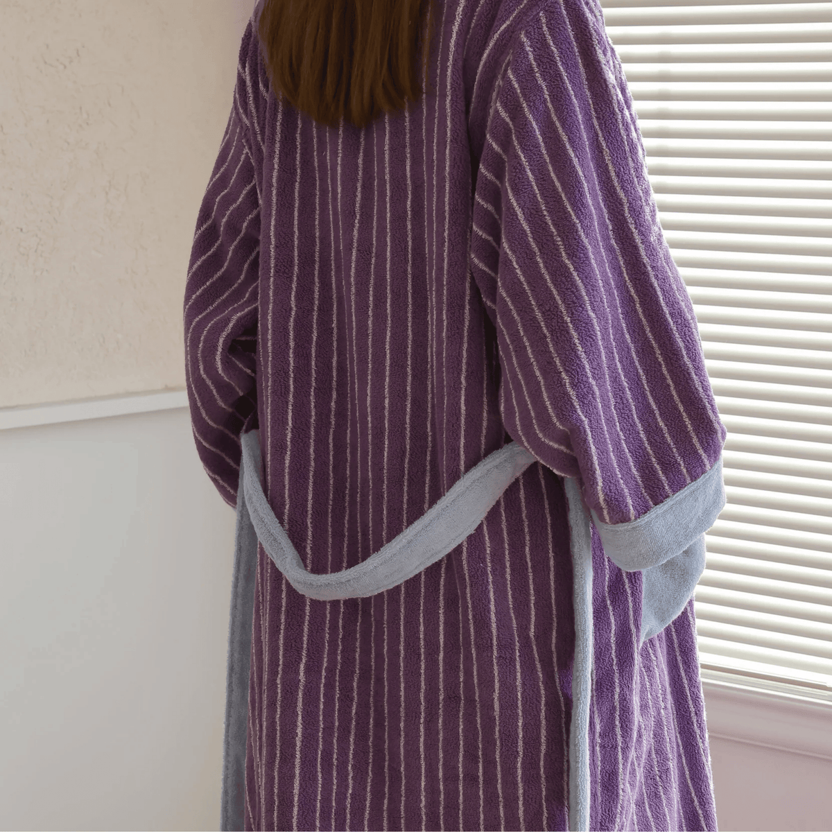Organic Cotton Striped Terry Robe for Women – Soft Jacquard Loungewear Bathrobe with Coordinated Two-Tone Colors for Everyday Comfort | Thomler