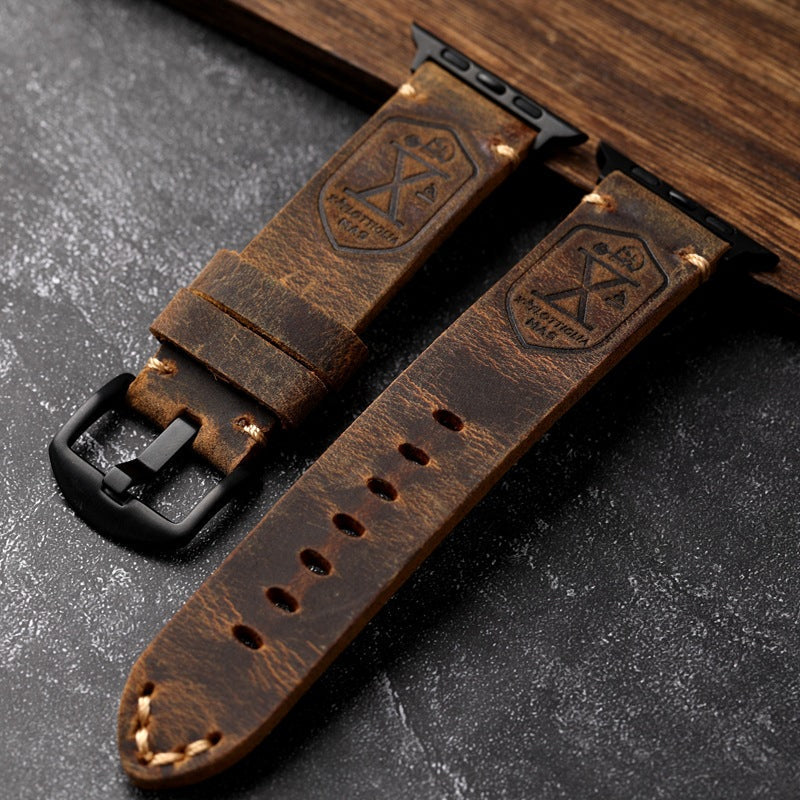 Vintage Full-Grain Leather Apple Watch Band | Handcrafted Strap with Patina Finish for 40mm 41mm 42mm 44mm 45mm 49mm | Classic Buckle Design | Thomler