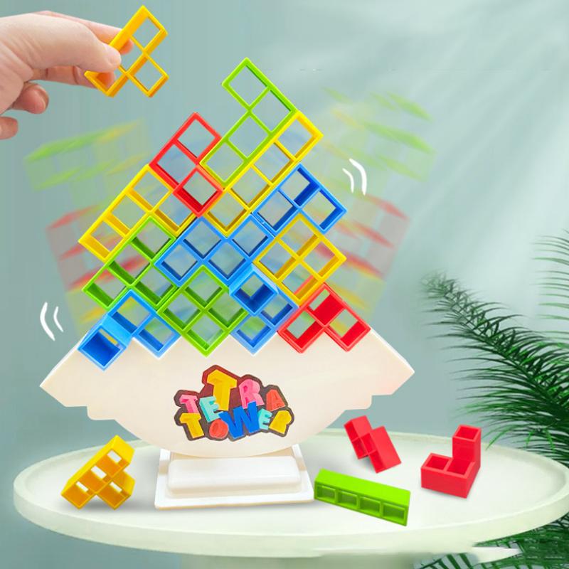 Wooden Stacking Tower Game for Kids - Tumbling Block Balance Challenge with Colorful Tetris Shapes for Toddlers & Children Ages 3+ | Thomler