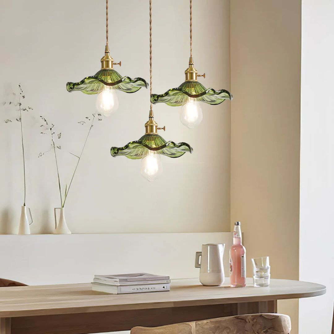 Pendant Light Glass Brass Flower Shade 23.0 cm Green Dining Room Bedroom Hanging Ceiling Lamp Retro Vintage Decorative | Thomler