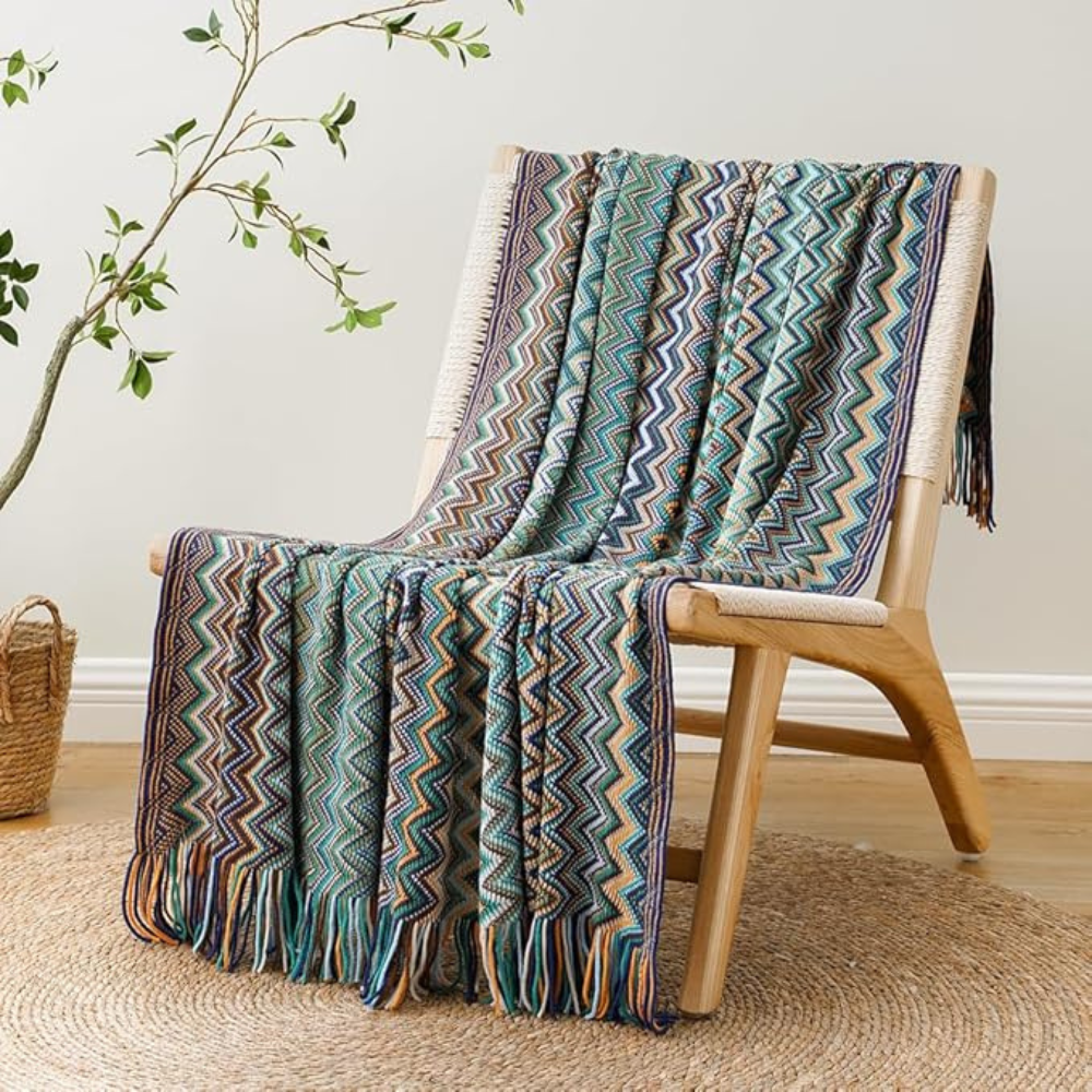 Chevron Knit Throw Blanket with Fringe Trim – Lightweight Acrylic for Year-Round Comfort | Thomler