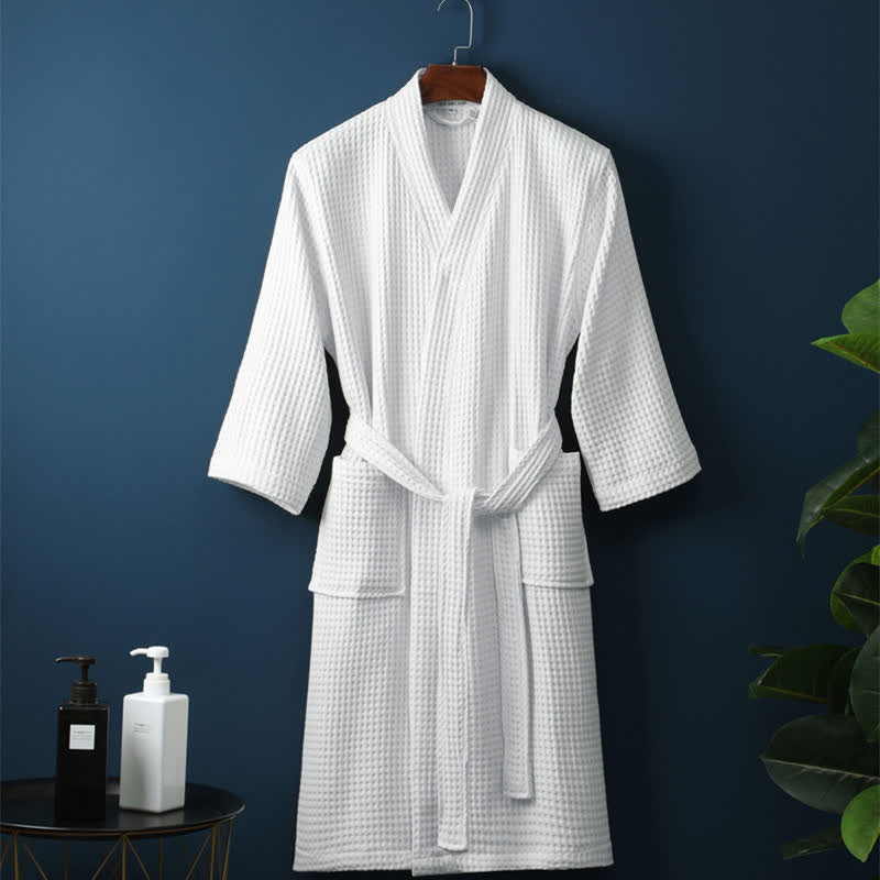 Cotton Waffle Robe V-Neck Lightweight Spa Bathrobe for Women & Men with Pockets Absorbent Loungewear for Bedroom Bathroom Shower | Thomler