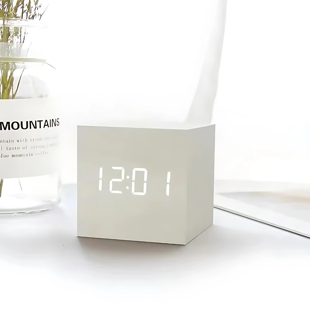 Wooden LED Cube Alarm Clock with Temperature Display and USB Power for Bedroom Nightstand Desk Office | Thomler