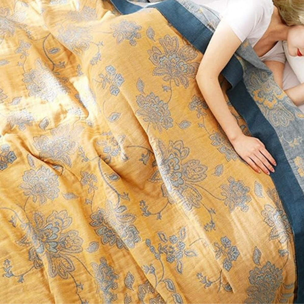 Lightweight Cotton Gauze Throw Blanket with Floral Design for Year-Round Comfort, Breathable Bedding for Bedroom, Sofa, or Guest Room | Thomler