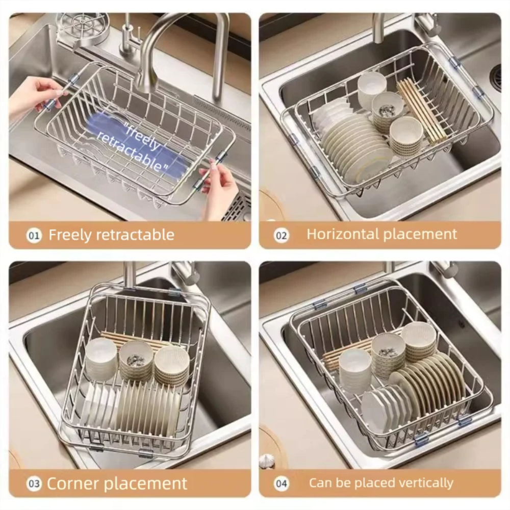 Expandable Over-Sink Dish Rack – Adjustable Width Steel Storage Organizer for Countertops & Kitchens | Thomler