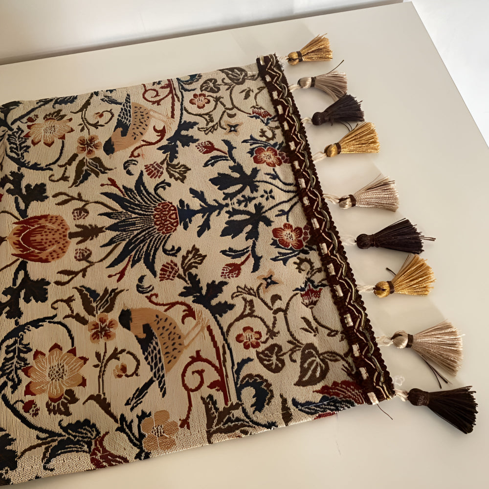 Woven Jacquard Table Runner with Tassels - Floral Bird Pattern for Dining & Coffee Tables - Vintage Countryside Design - Tassel Trim | Thomler