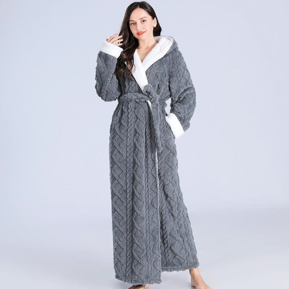 Women's Hooded Fleece Bath Robe with Pockets Long Soft Loungewear for Home & Spa Gray Pink Purple Green Winter Wrap | Thomler