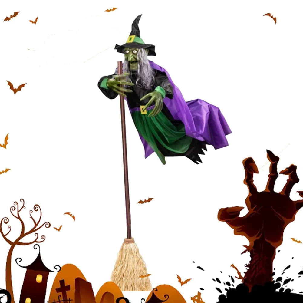 71-Inch Animated Broomstick Sorceress with Glowing Eyes – Weather-Resistant Halloween Yard Display | Thomler