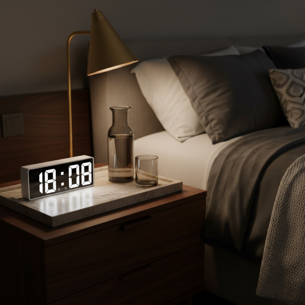 Mirrored LED Bedside Clock – Time, Temp & Alarm Display | Thomler
