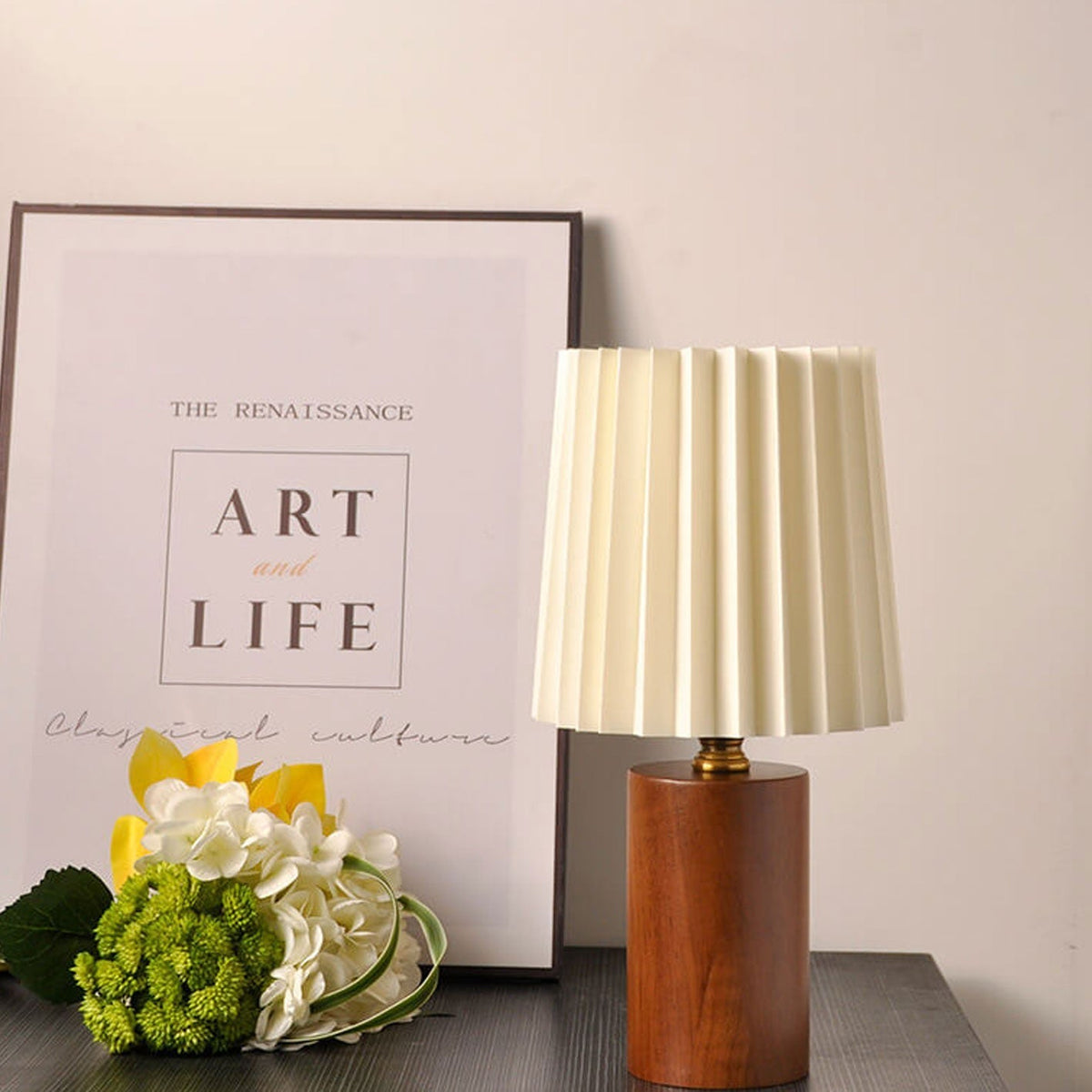 Pleated Fabric Accent Lamp with Cylindrical Wooden Base – Bedside Reading Light for Bedroom & Living Room | Thomler