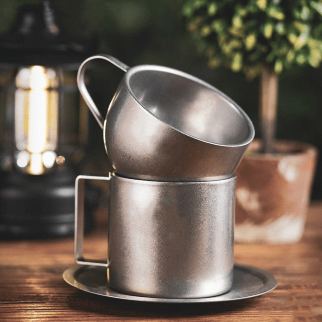 Stainless Steel Double-Wall Coffee Mug with Saucer & Spoon – Insulated Metal Espresso Cup for Hot Drinks, Kitchen Drinkware Set | Thomler