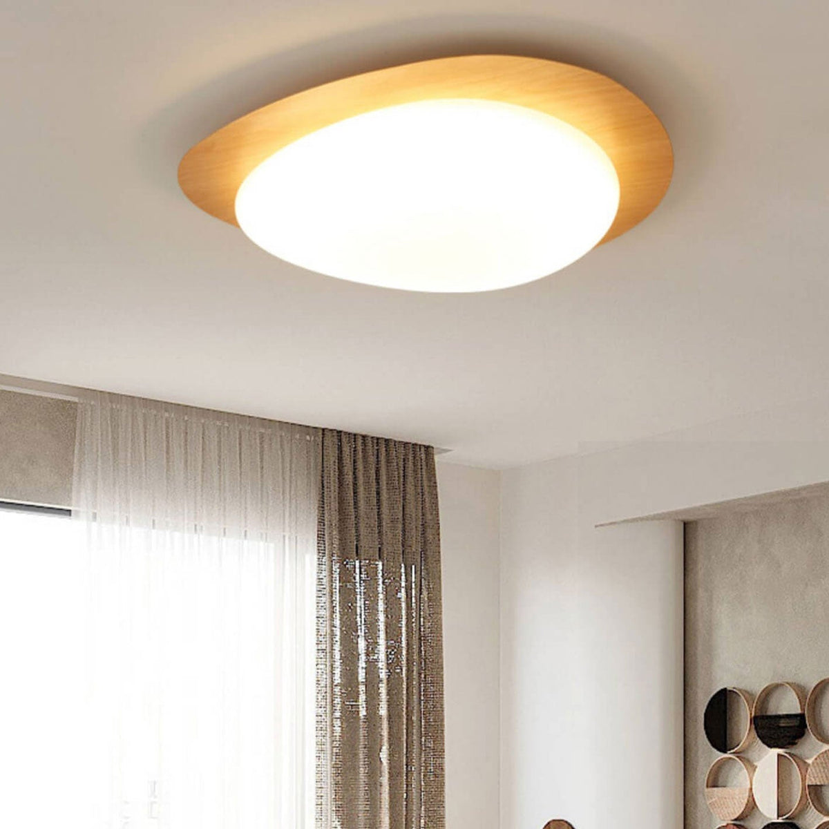 Oval Stone-Textured LED Ceiling Mount Light with Timber Finish for Bedrooms | Modern Hardwired Close-to-Ceiling Fixture for Living Rooms & | Thomler