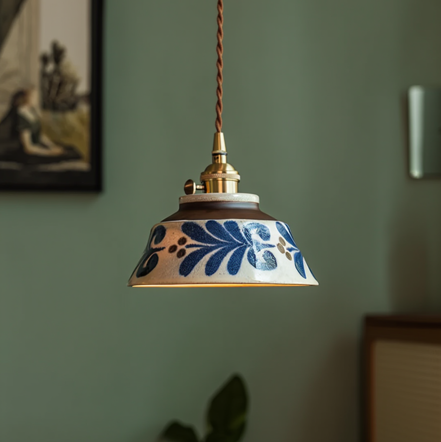 Ceramic Hanging Light Fixture with Unique Floral Designs for Kitchen, Dining Room, Cafe | Artisan Crafted Copper Hardware Pendant Lamp | Thomler