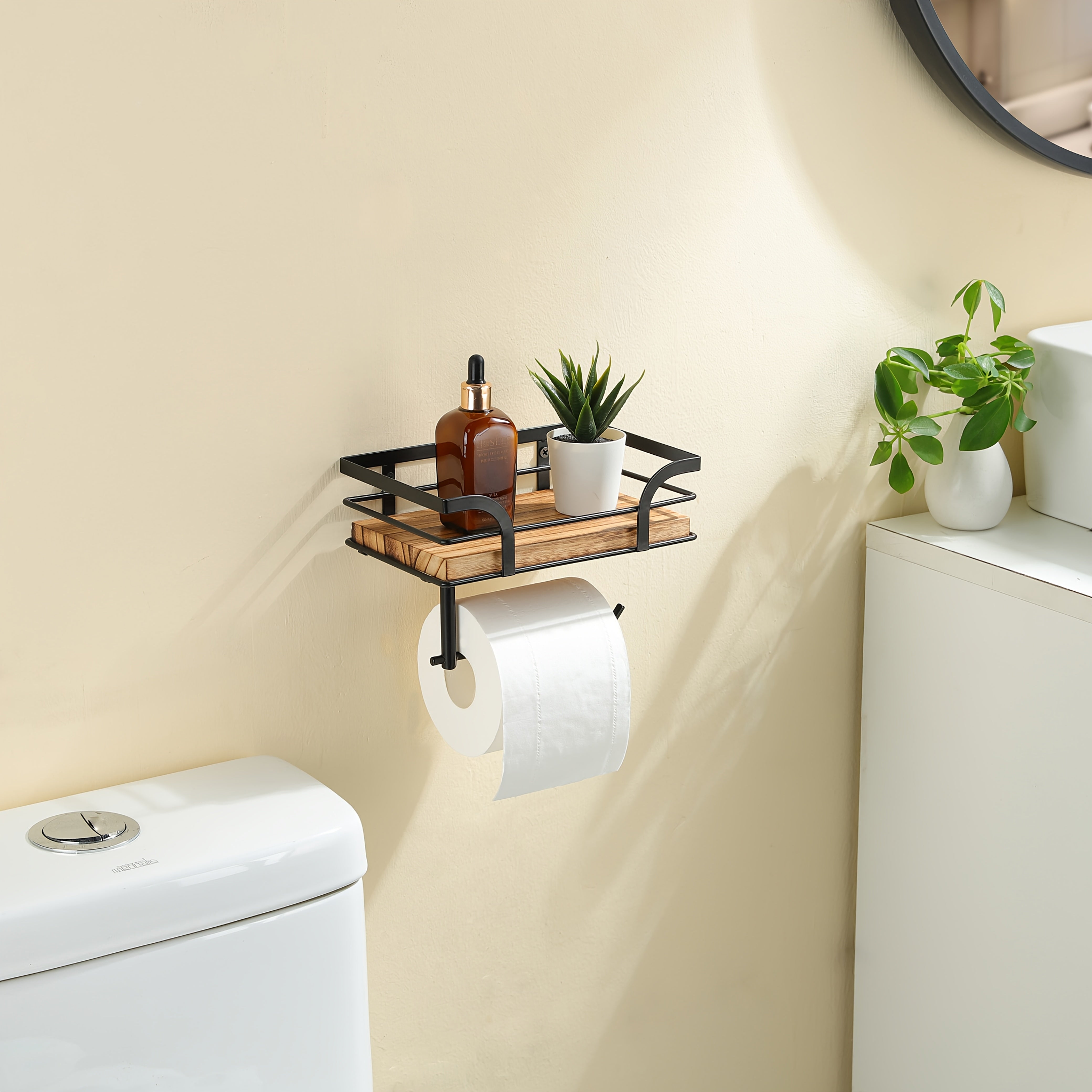 Toilet Roll Holder Wrought Iron Wood Shelf 20.0 cm Bathroom Storage Wall Mounted Organiser Industrial Toilet Shelf Rack | Thomler