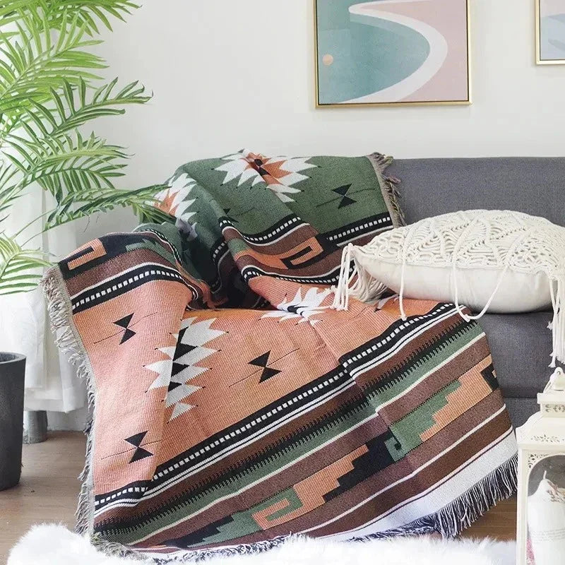 Throw Blanket Cotton Polyester Jacquard Weave Multicolour Sofa Bed Decorative Fringed Bohemian Living Room Accent Cover | Thomler
