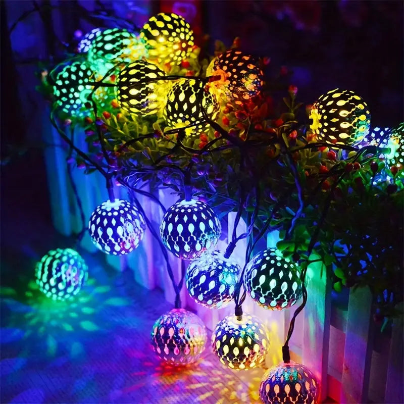 Moroccan Metal Globe String Lights Solar Powered Outdoor Patio Decor 20-30 Warm White LED Orbs Bohemian Weatherproof Garden Balcony | Thomler